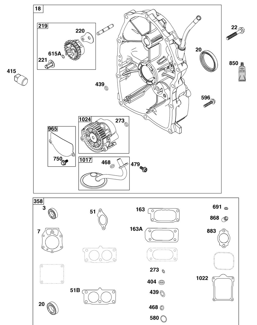 Crankcase Cover/Sump Group Diagram and Parts List for 613477-0251-J1 400000 - 699999 Briggs and Stratton Engine